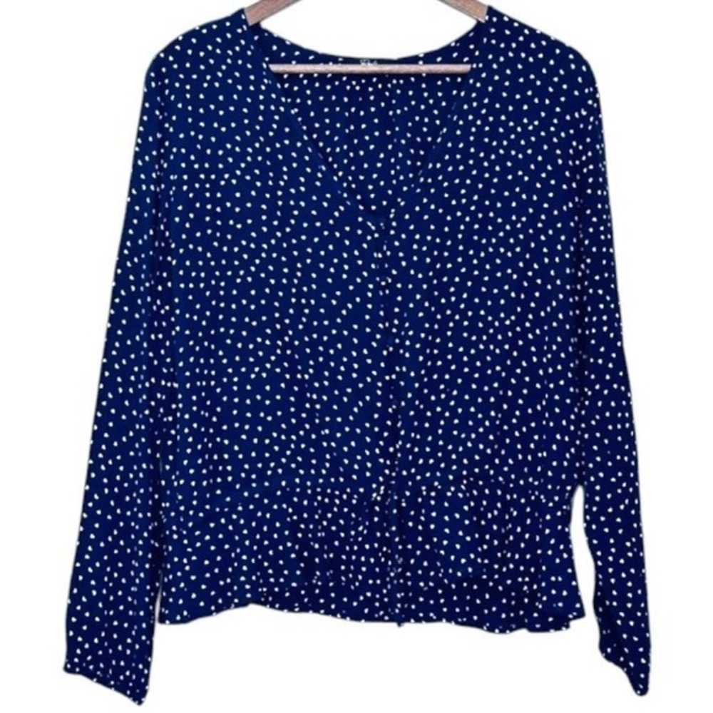 Rails Mini Heart Popover Peplum Long Sleeve Blouse‎ Women's Size M Navy Blue